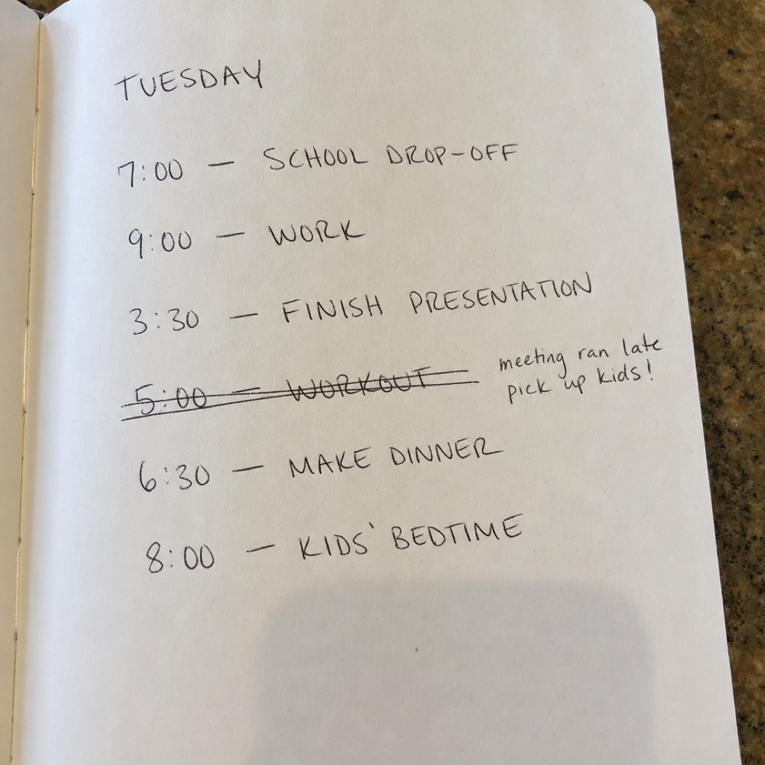 A daily schedule with a crossed-out workout
